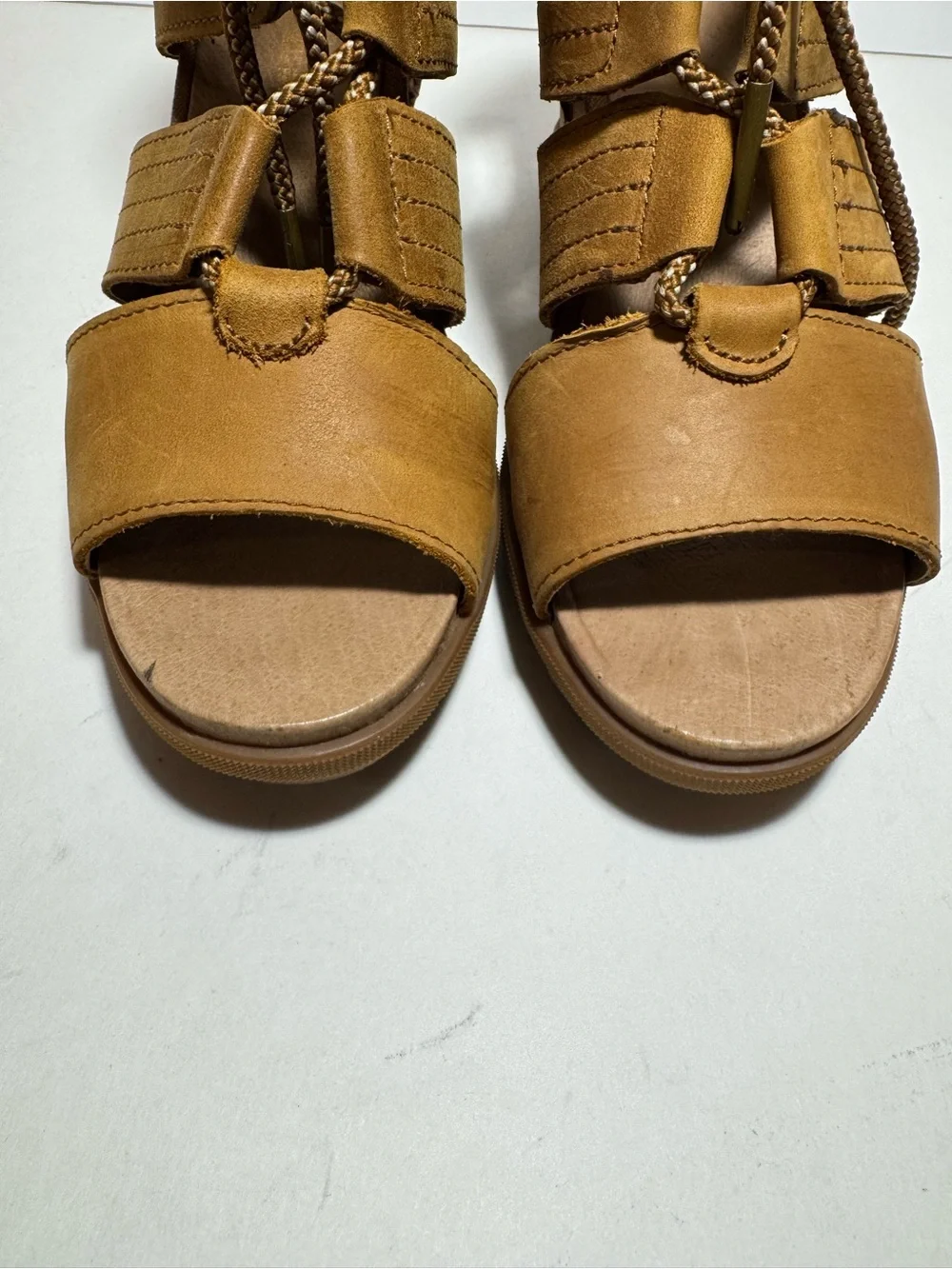Sorel Tan Leather Joanie Il Lace Up Ankle Wedge Heel Strappy Sandals Size 9